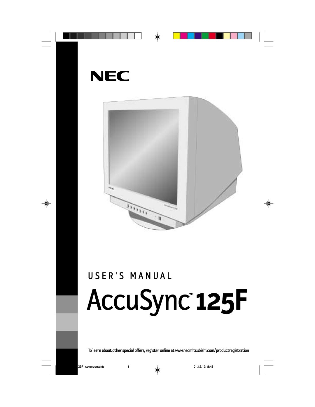 NEC user manual AccuSync 125F, U S E R S M A N U A L, 01.12.12 