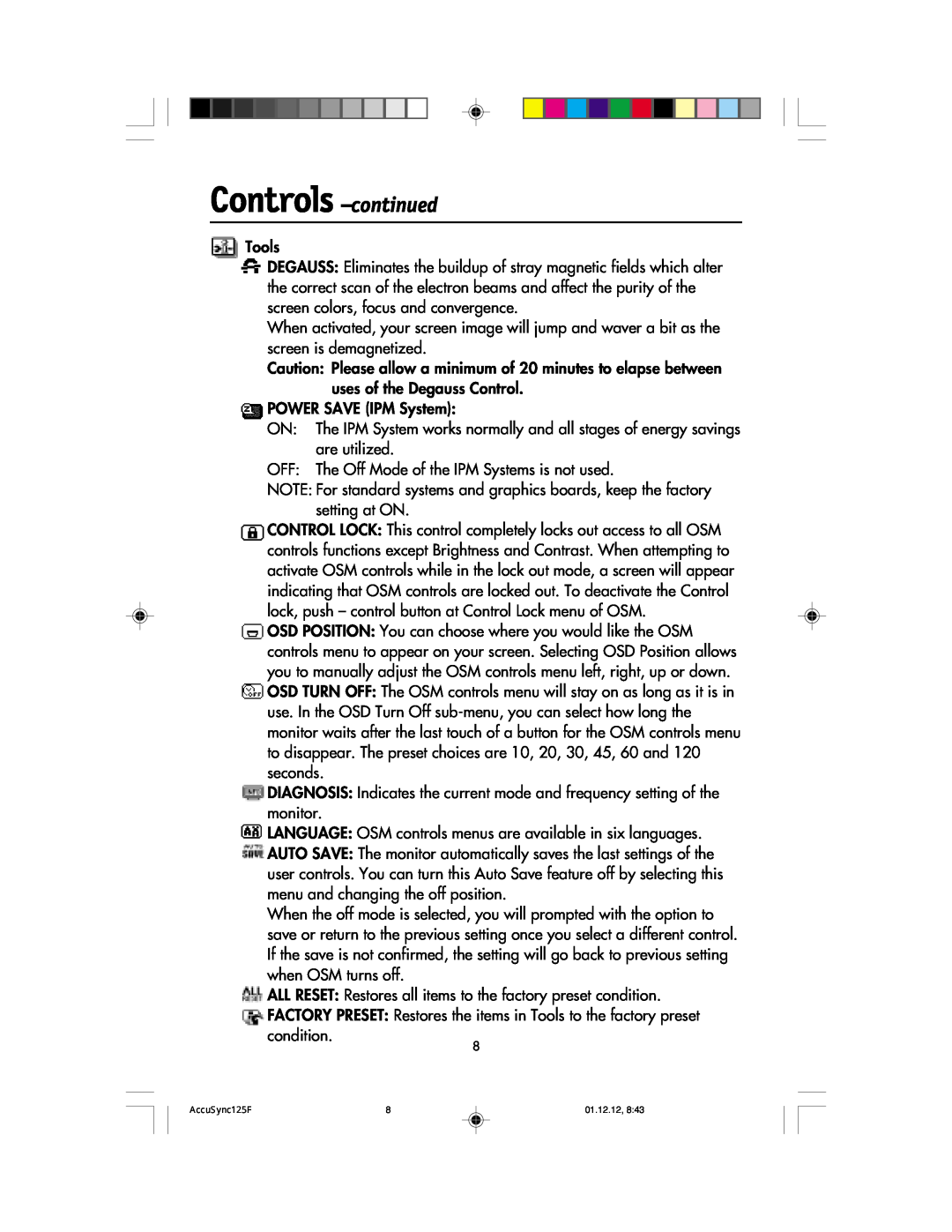 NEC 125F user manual Controls -continued, Tools 