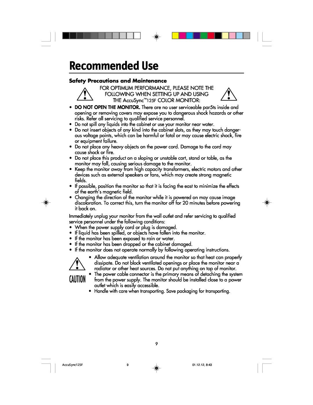 NEC 125F user manual Recommended Use, Safety Precautions and Maintenance 