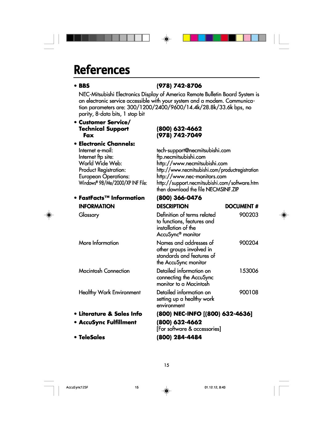 NEC 125F user manual References, Document # 