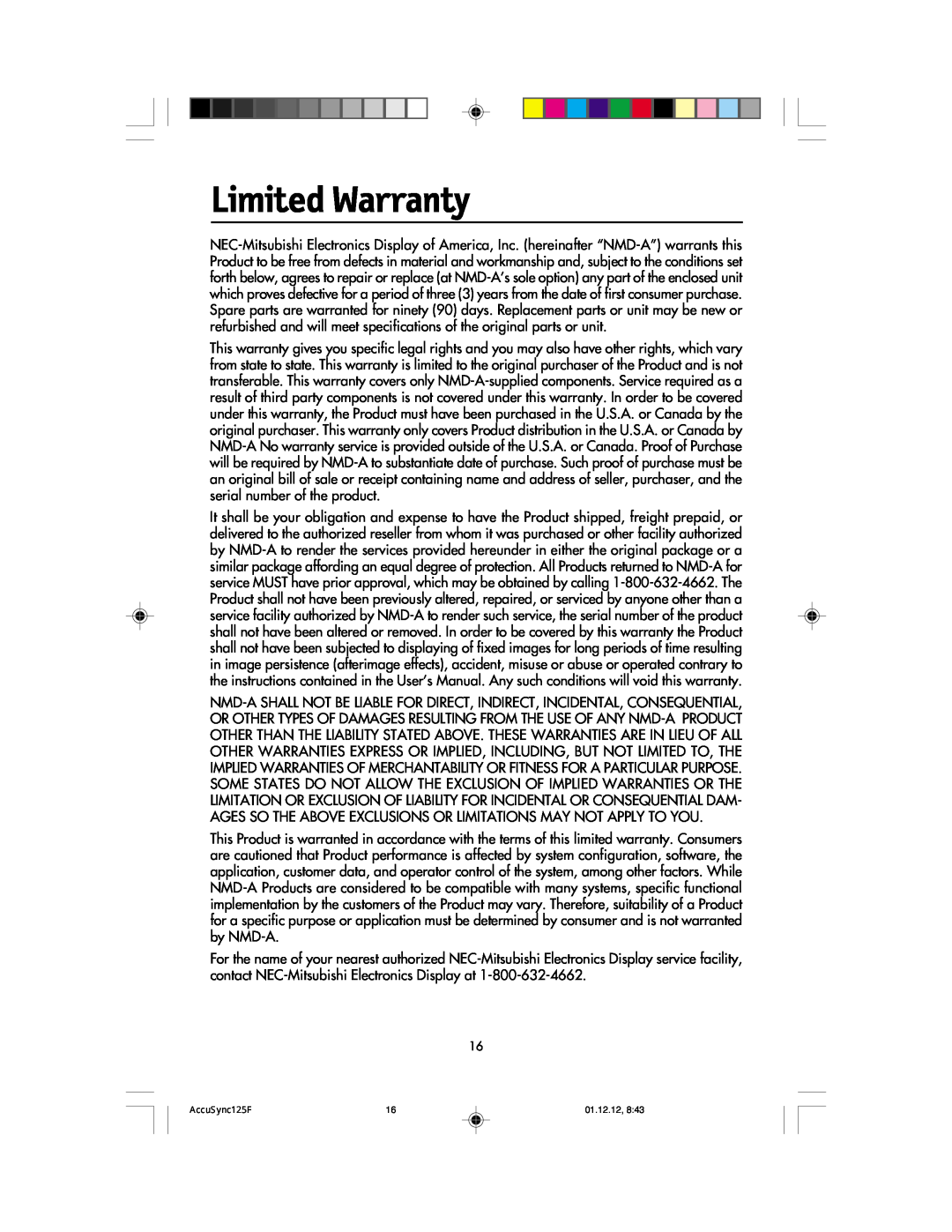 NEC 125F user manual Limited Warranty 