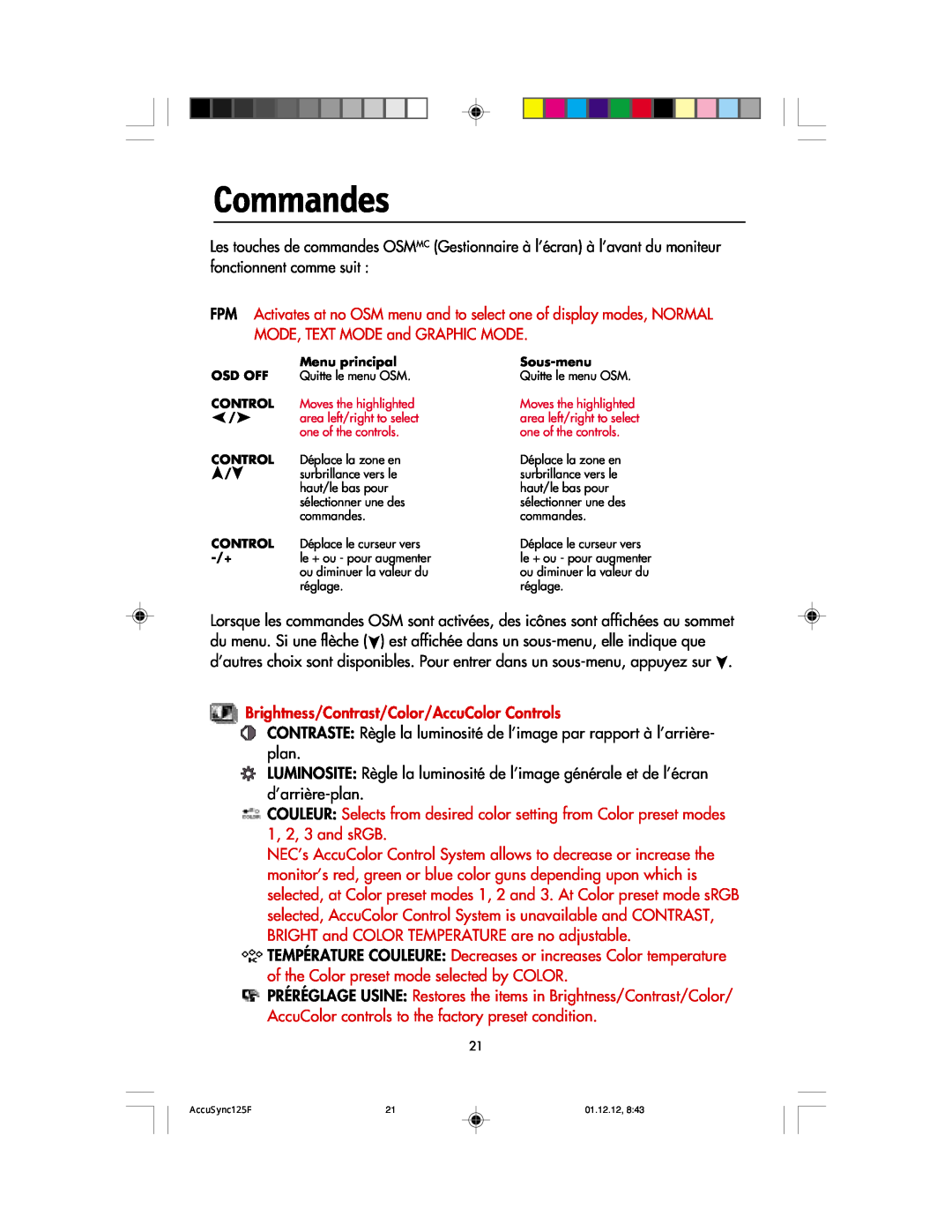 NEC 125F user manual Commandes 