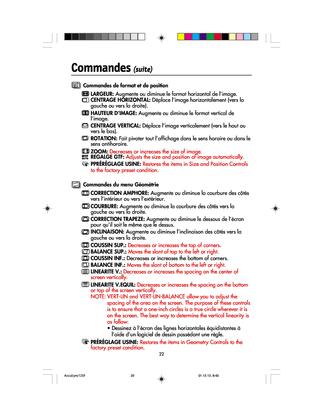 NEC 125F user manual Commandes suite 