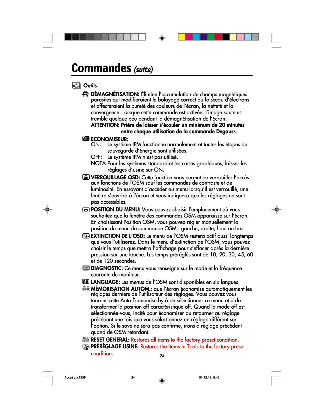 NEC 125F user manual Commandes suite, Outils 