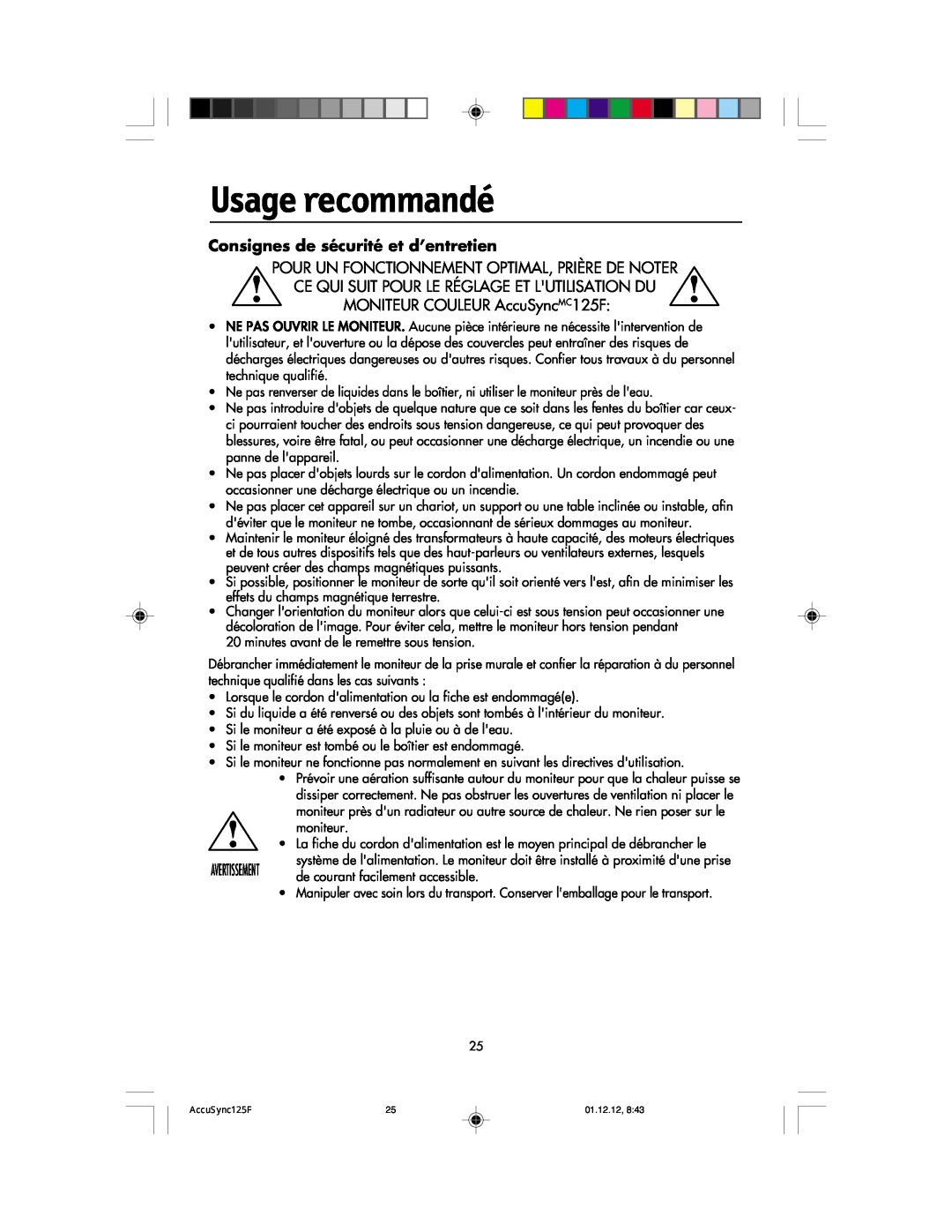 NEC 125F user manual Usage recommandé, Consignes de sécurité et d’entretien 