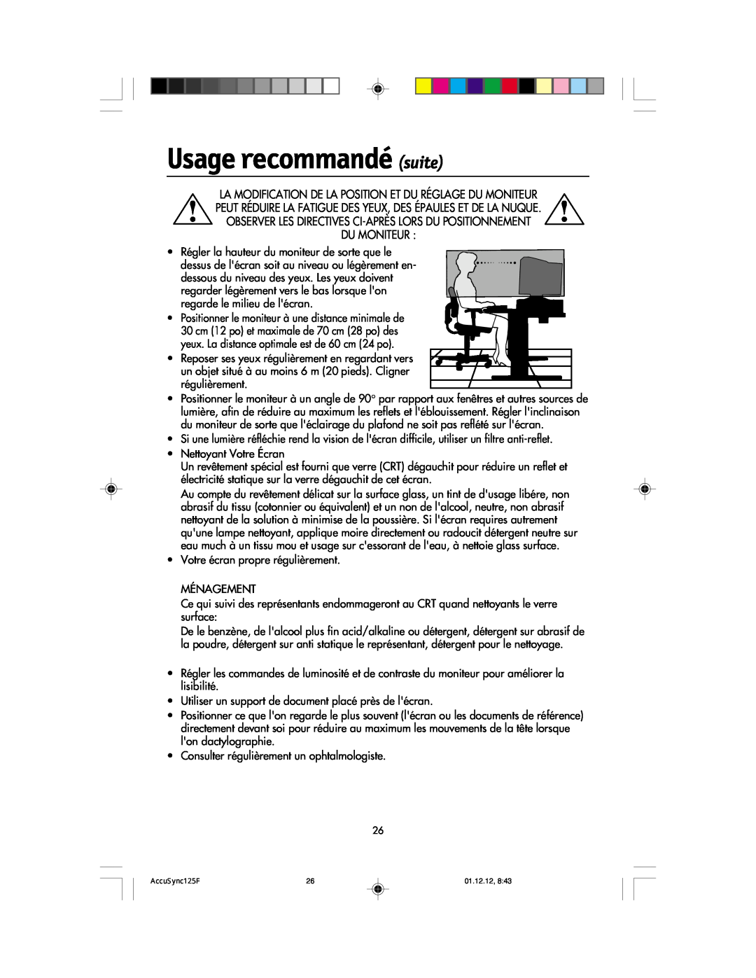NEC 125F user manual Usage recommandé suite, Observer Les Directives Ci-Après Lors Du Positionnement Du Moniteur 