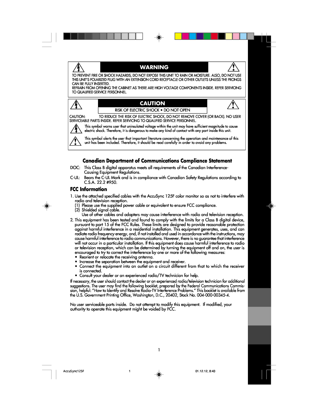 NEC 125F user manual Canadian Department of Communications Compliance Statement, FCC Information 