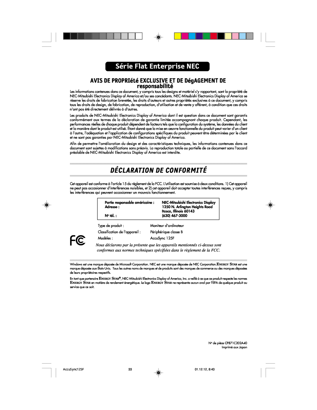 NEC 125F user manual Déclaration De Conformité, Série Flat Enterprise NEC 