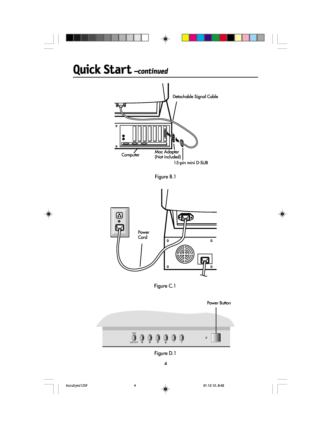 NEC 125F user manual Quick Start -continued, Figure B.1, Figure C.1, Figure D.1, 01.12.12, Fpm Osd Off 