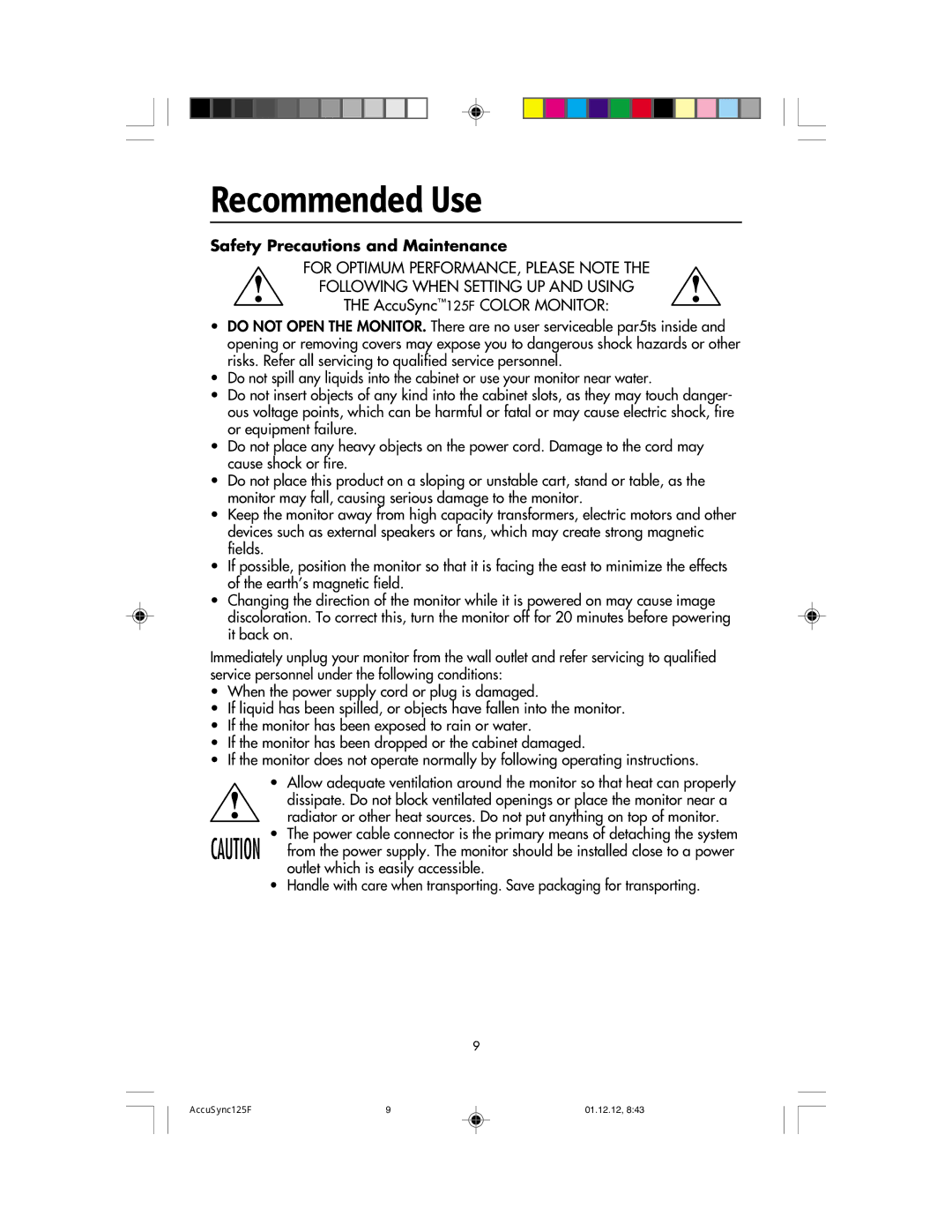 NEC 125F user manual Recommended Use, Safety Precautions and Maintenance 