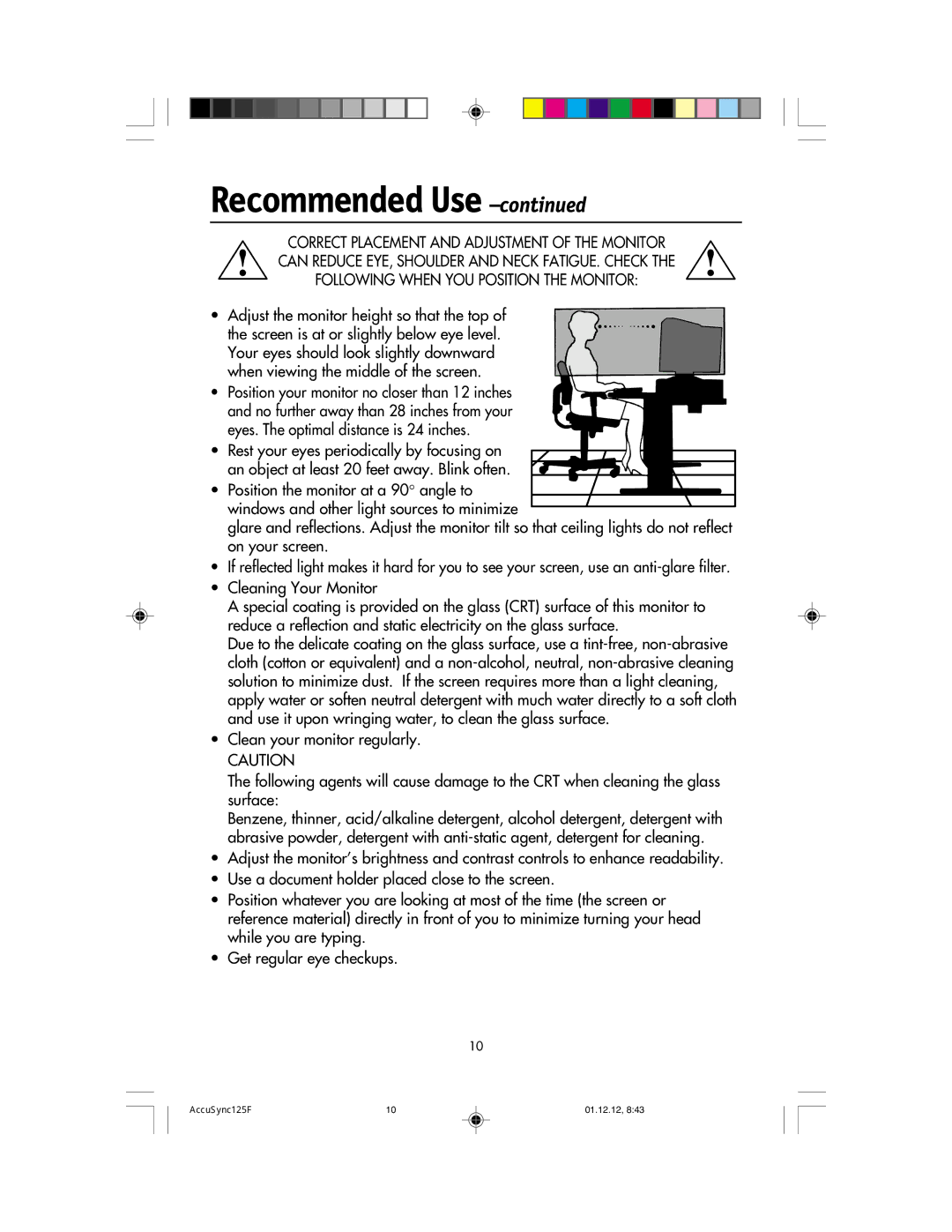 NEC 125F user manual Adjust the monitor height so that the top 