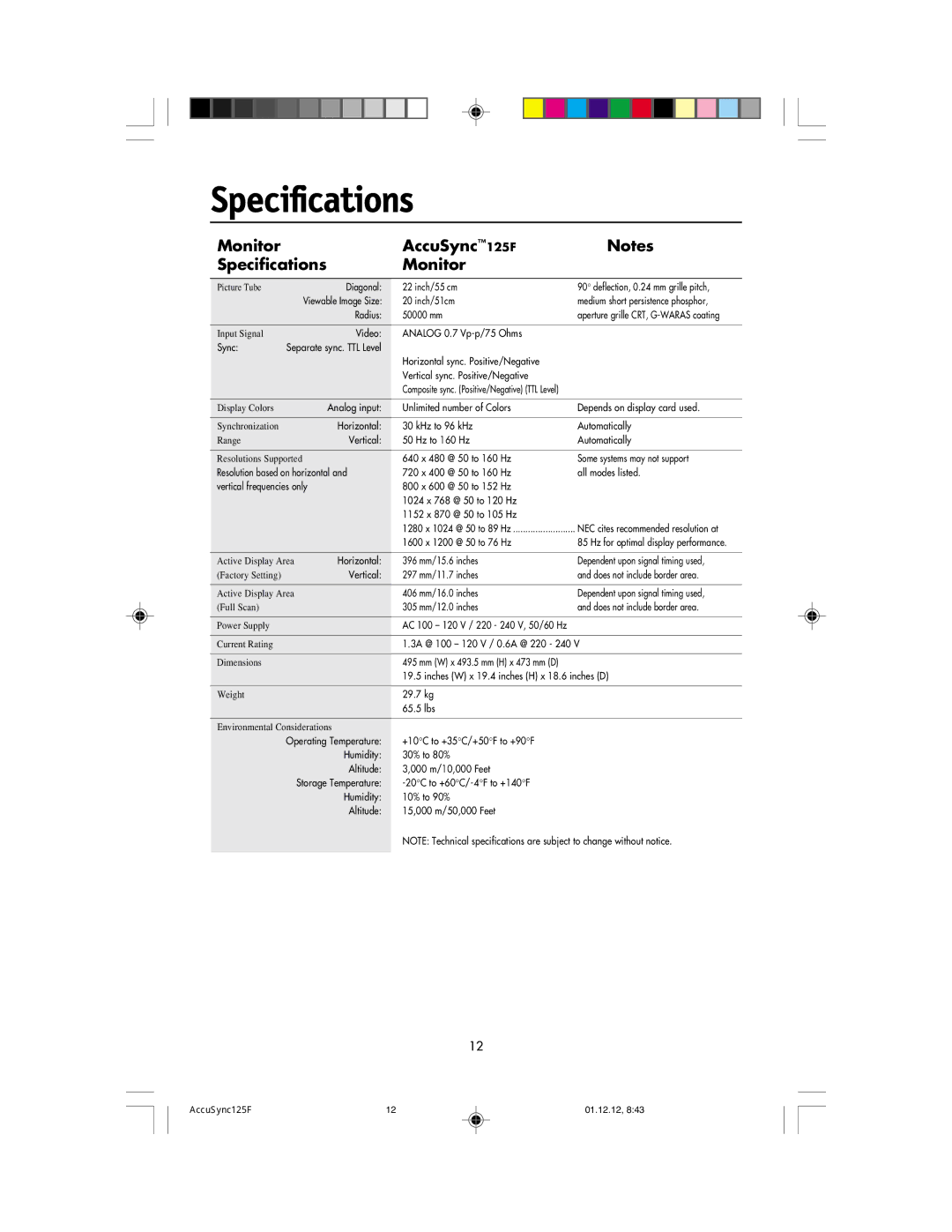 NEC user manual Monitor AccuSync125F Specifications 