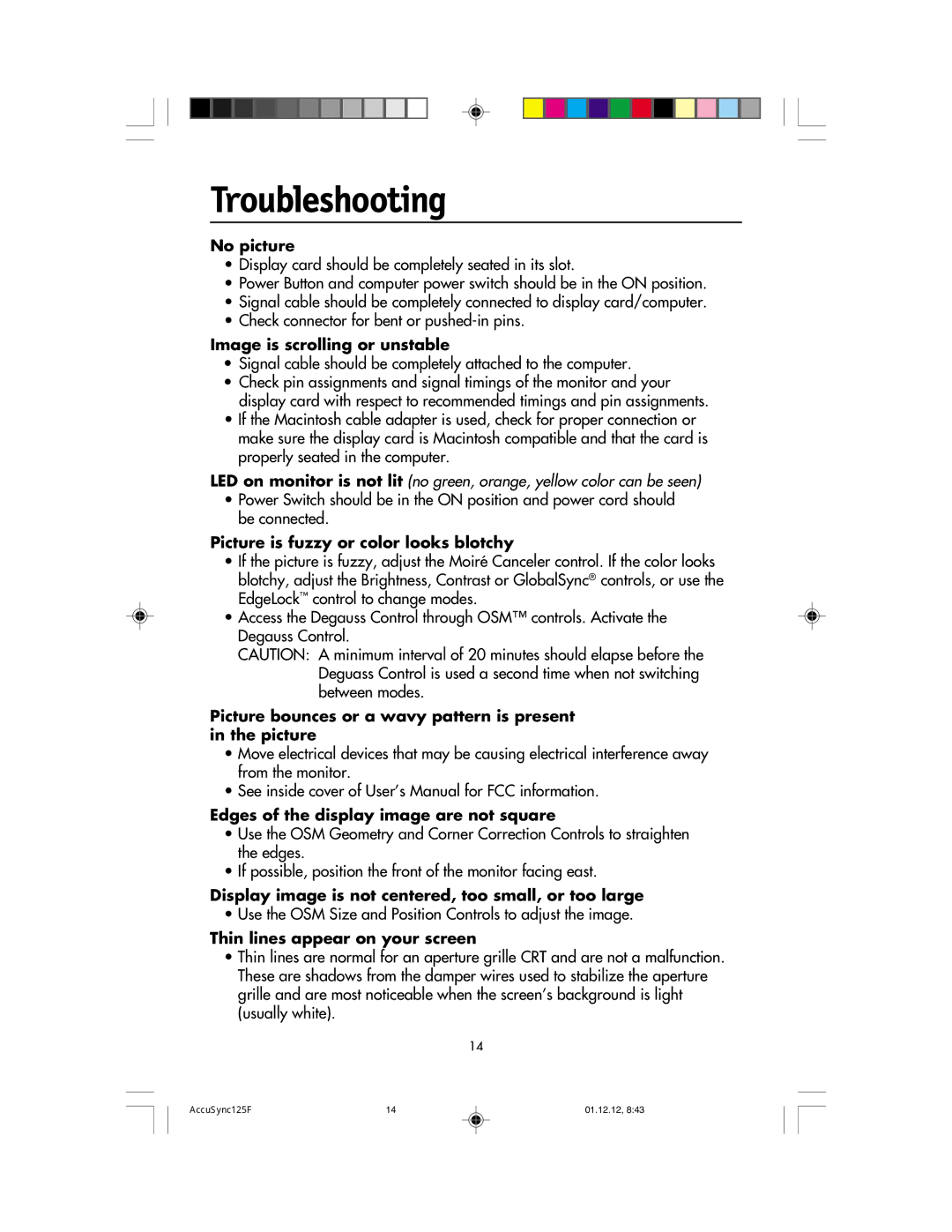 NEC 125F user manual Troubleshooting 