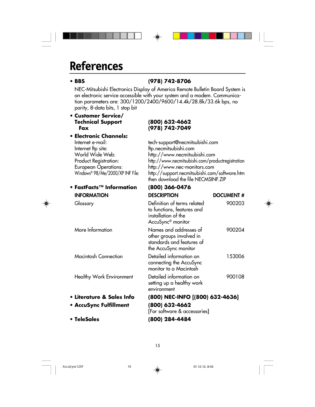 NEC 125F user manual References, 978, FastFacts Information 800, Literature & Sales Info NEC-INFO 800 AccuSync Fulfillment 