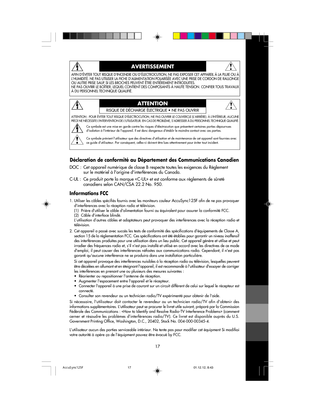 NEC 125F user manual Avertissement, Informations FCC 