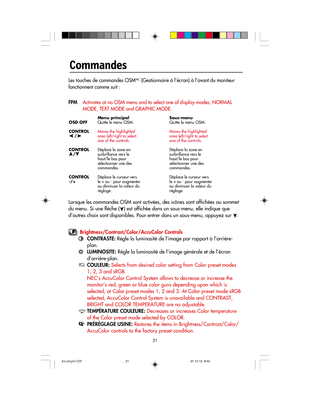 NEC 125F user manual Commandes, Menu principal 