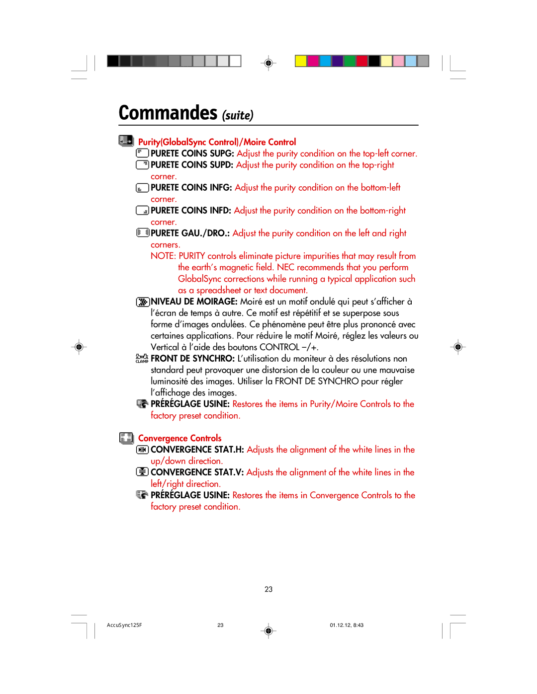 NEC 125F user manual Commandes suite 