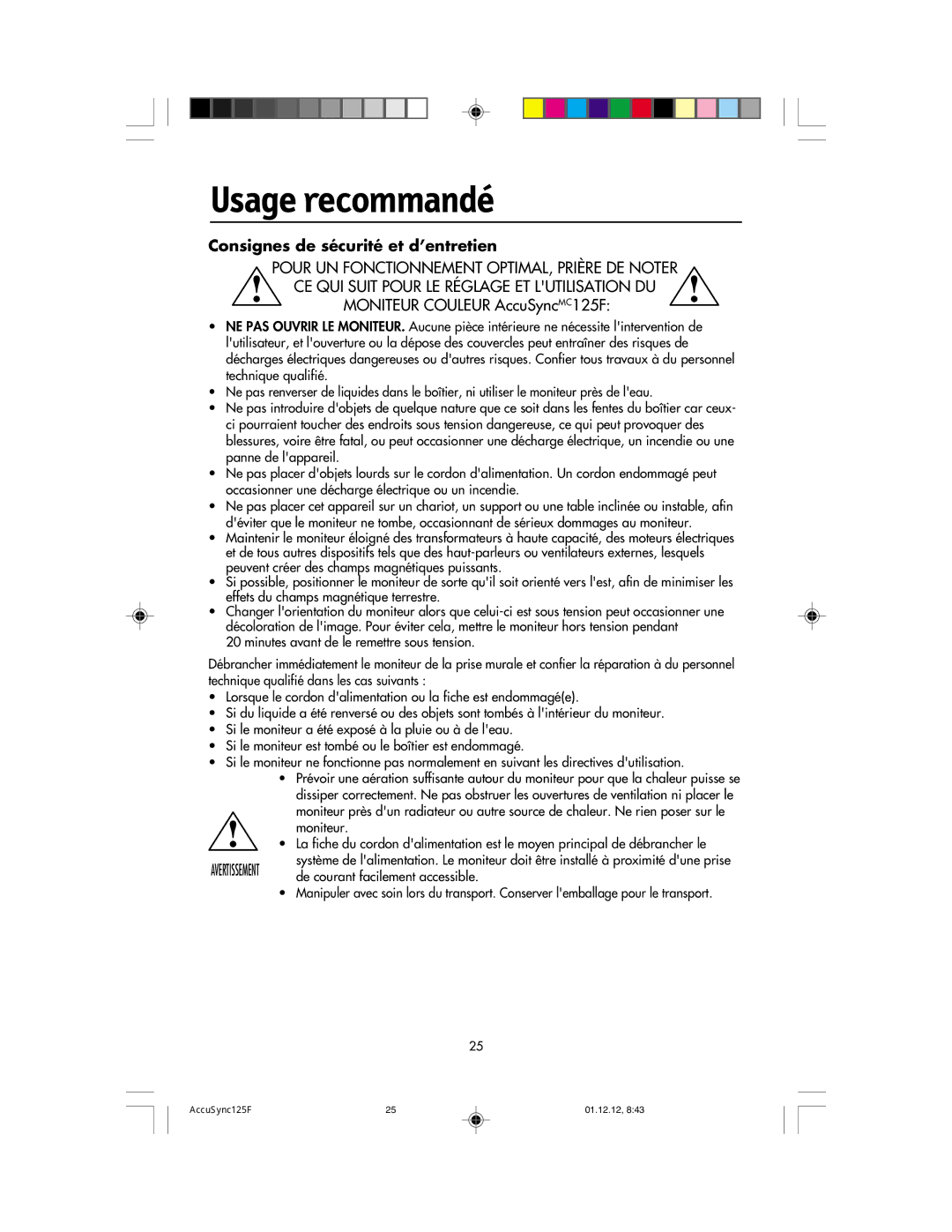 NEC 125F user manual Usage recommandé, Consignes de sécurité et d’entretien 