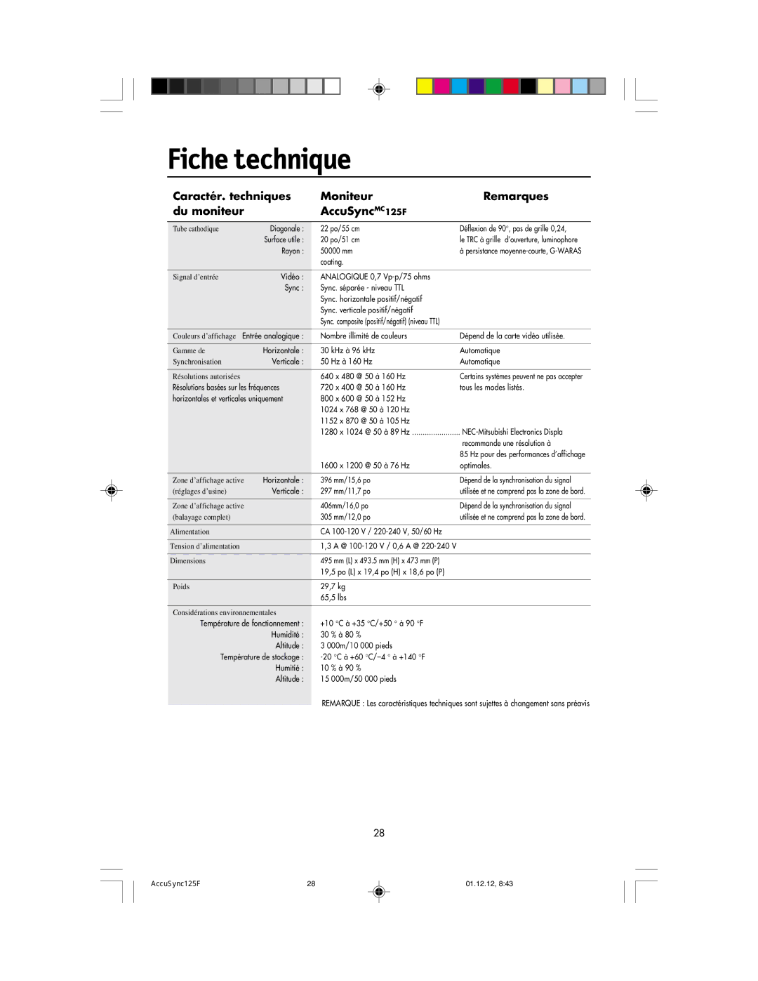 NEC 125F user manual Fiche technique, 305 mm/12,0 po 