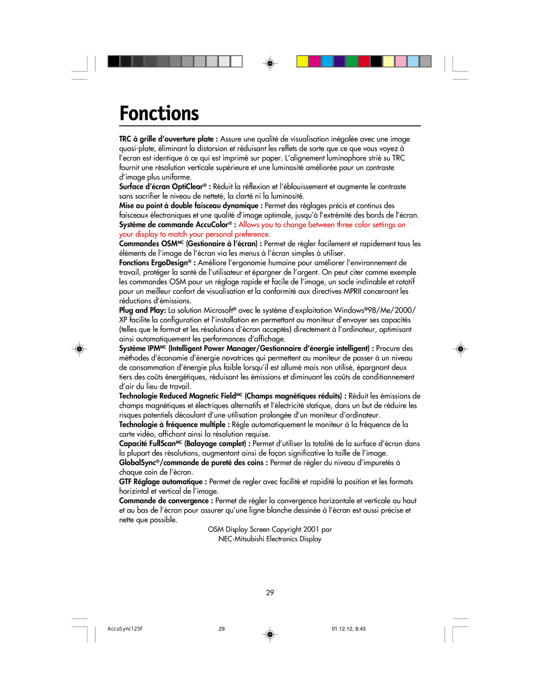 NEC 125F user manual Fonctions 