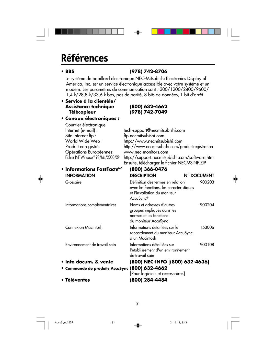 NEC 125F user manual Références, Informations FastFactsMC 800, Info docum. & vente NEC-INFO 800, Téléventes 800 