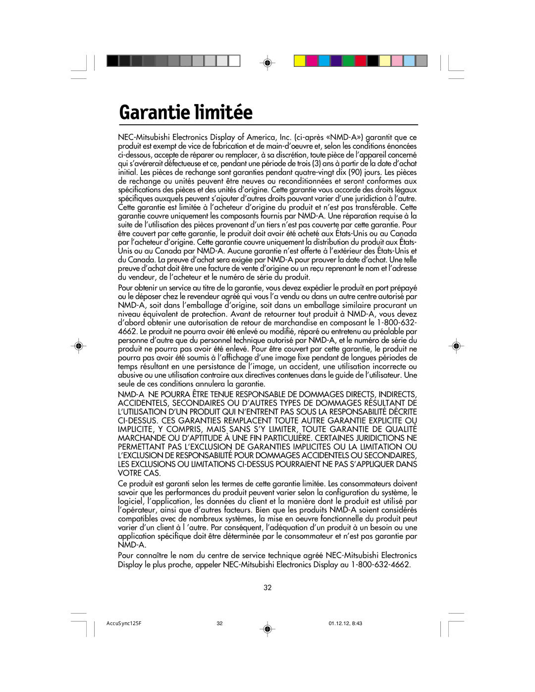 NEC 125F user manual Garantie limitée 