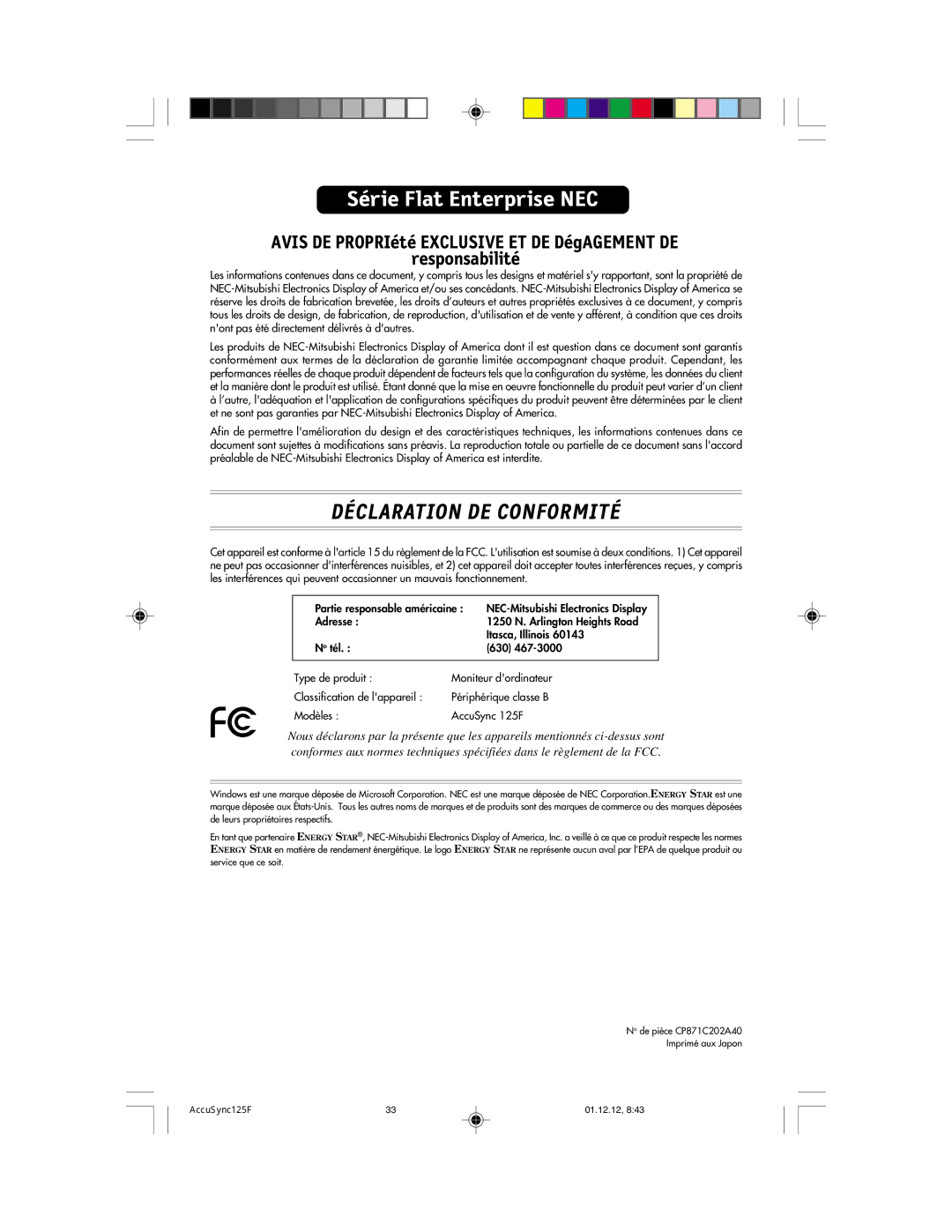 NEC 125F user manual Série Flat Enterprise NEC 