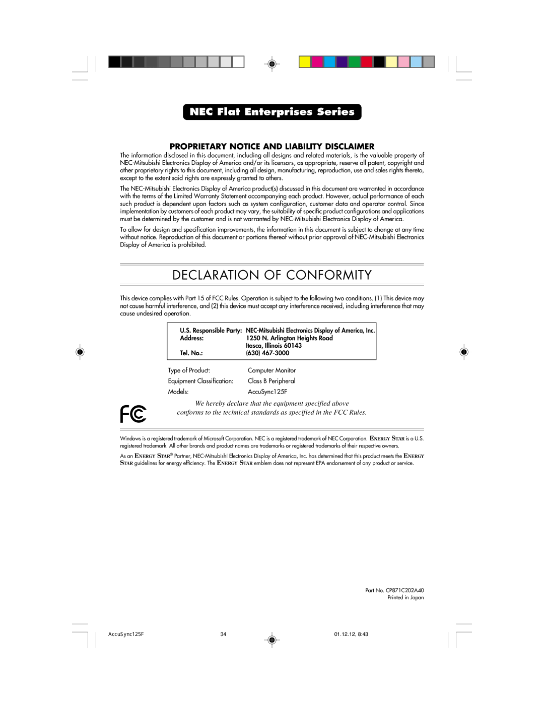 NEC 125F user manual Declaration of Conformity 