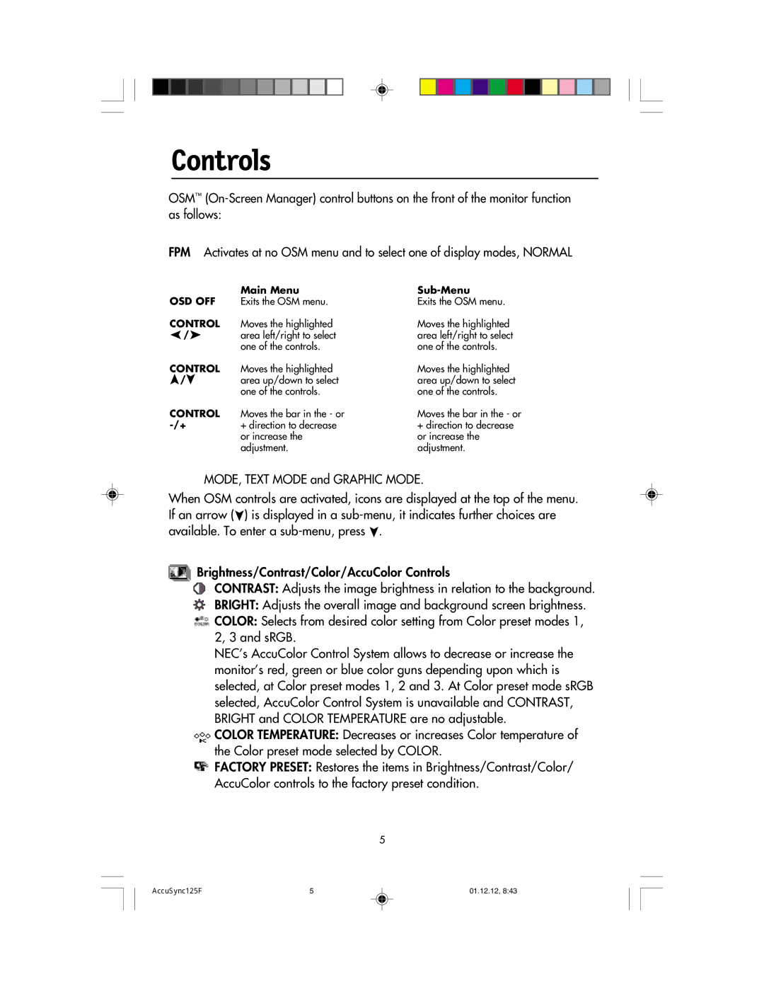 NEC 125F user manual Controls, Main Menu 