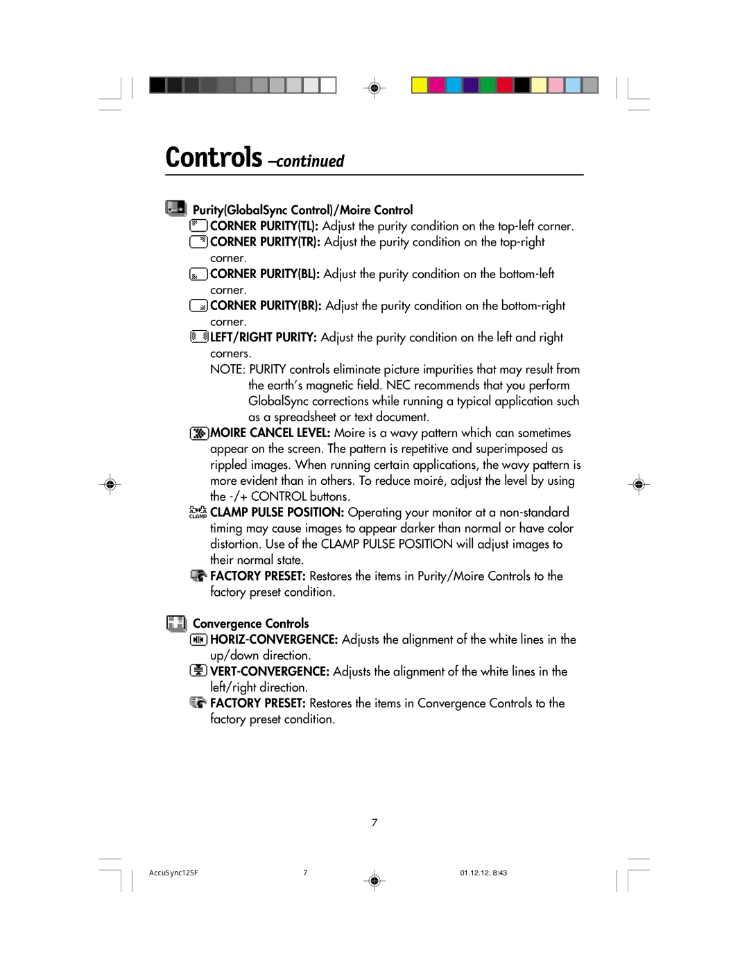 NEC 125F user manual Controls 