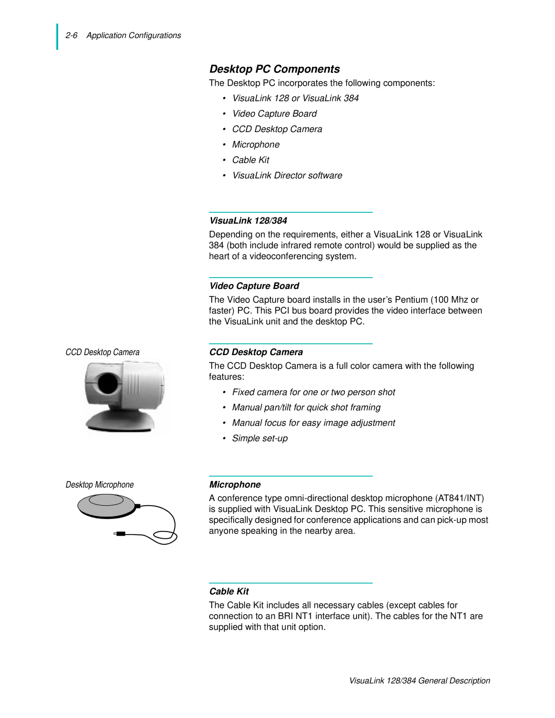 NEC manual Desktop PC Components, VisuaLink 128/384, Video Capture Board, CCD Desktop Camera, Microphone, Cable Kit 