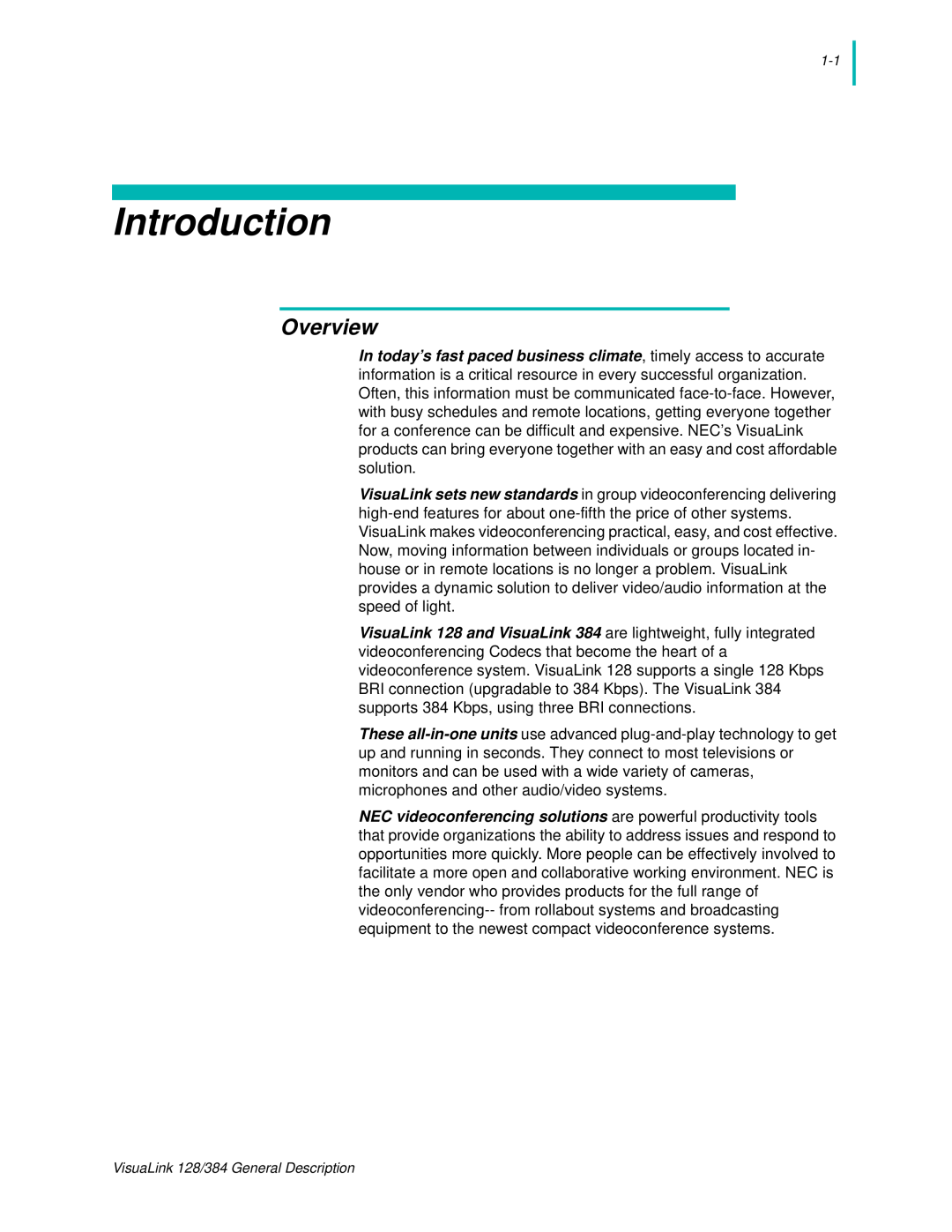 NEC 128 manual Introduction, Overview 