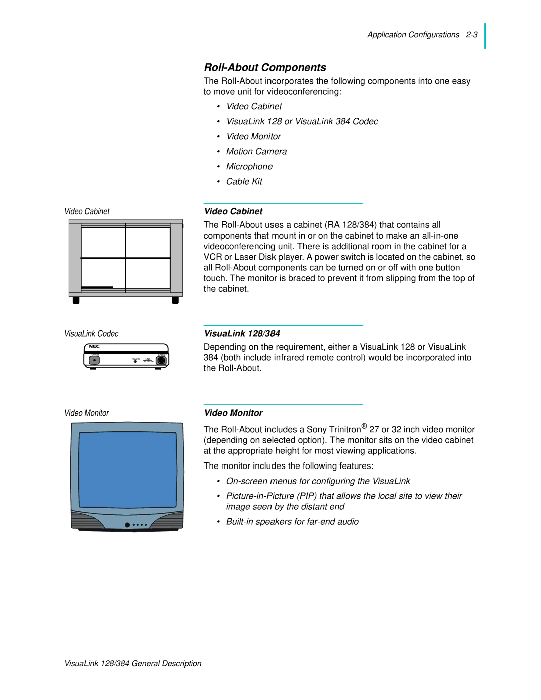 NEC manual Roll-About Components, Video Cabinet, VisuaLink 128/384, Video Monitor 