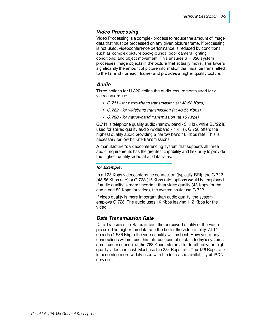 NEC 128 manual Video Processing, Audio, Data Transmission Rate, For Example 