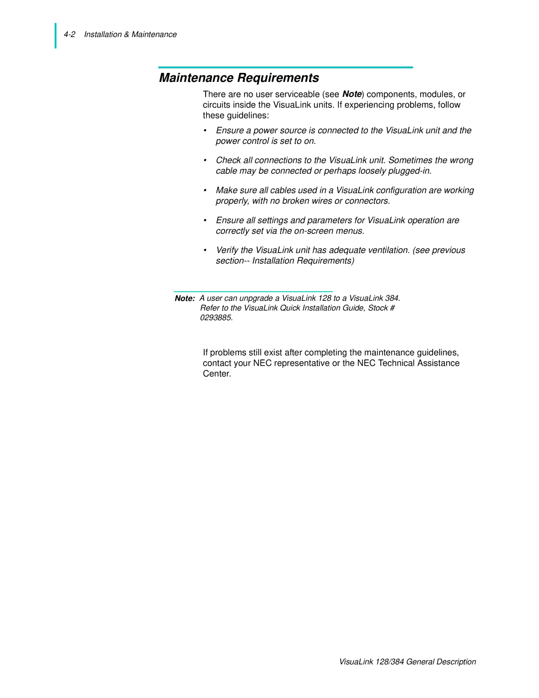 NEC 128 manual Maintenance Requirements 