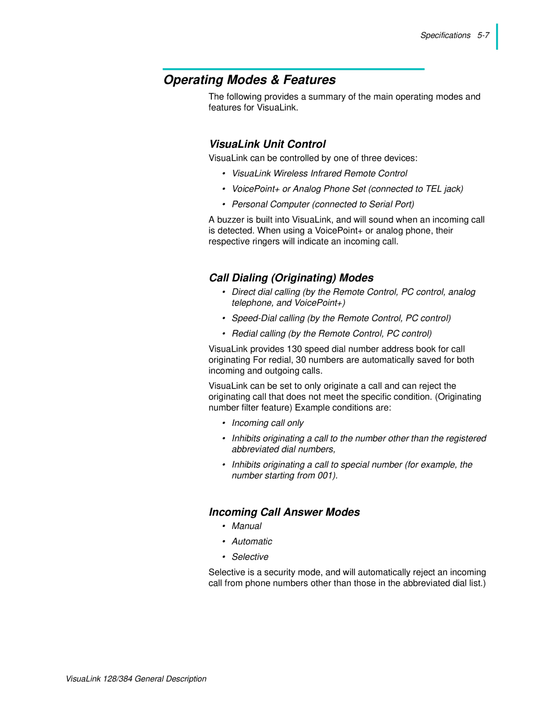 NEC 128 Operating Modes & Features, VisuaLink Unit Control, Call Dialing Originating Modes, Incoming Call Answer Modes 