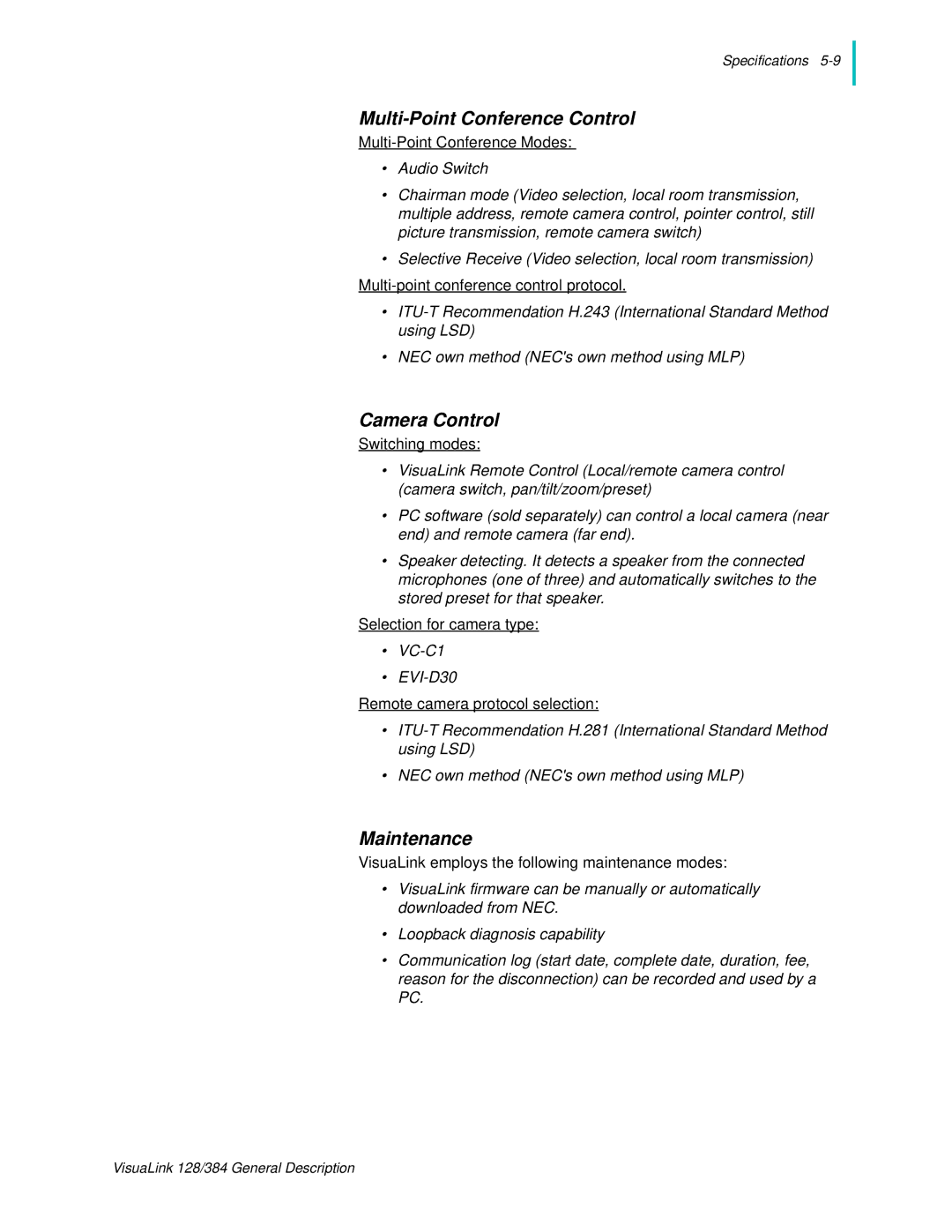 NEC 128 manual Multi-Point Conference Control, Maintenance 