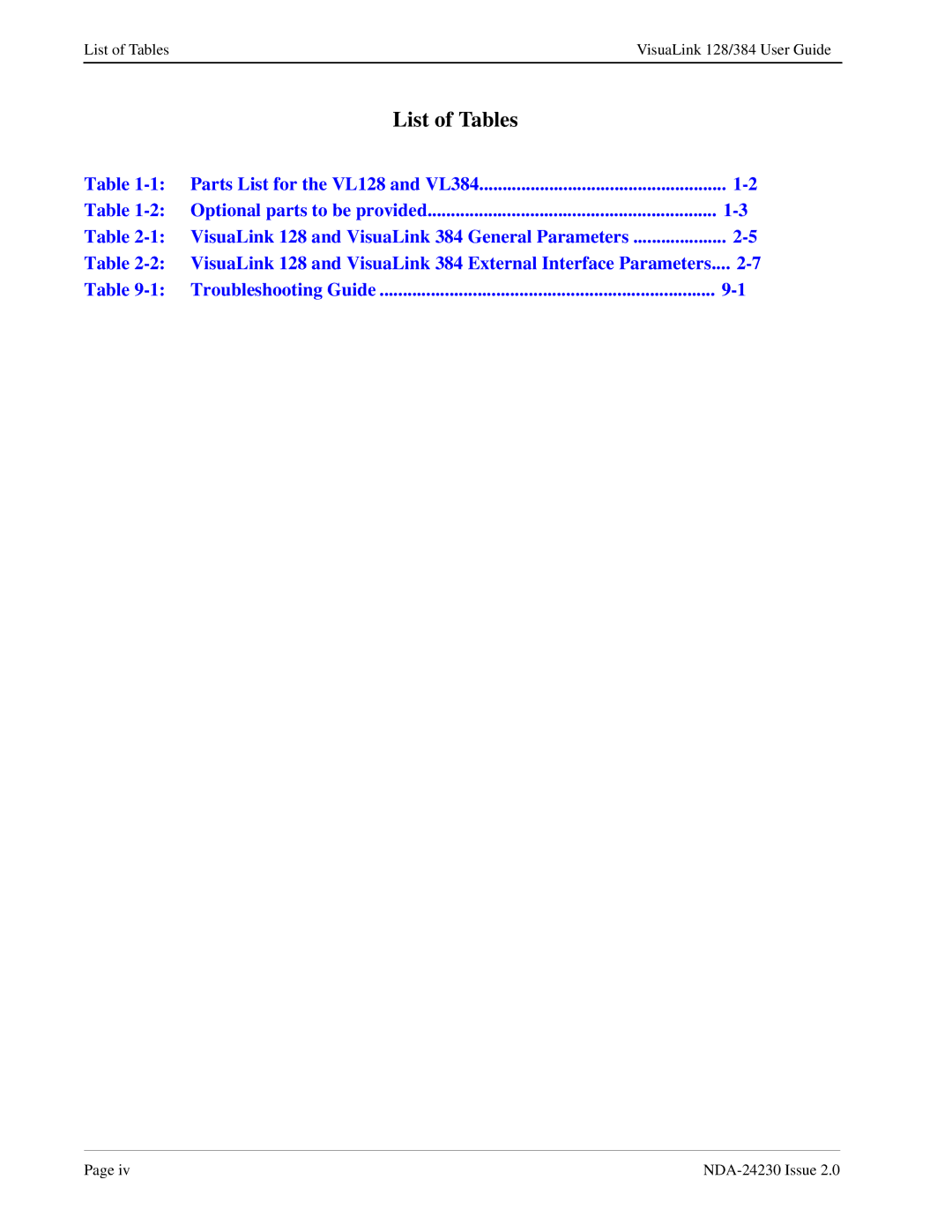 NEC 128/384 manual List of Tables 