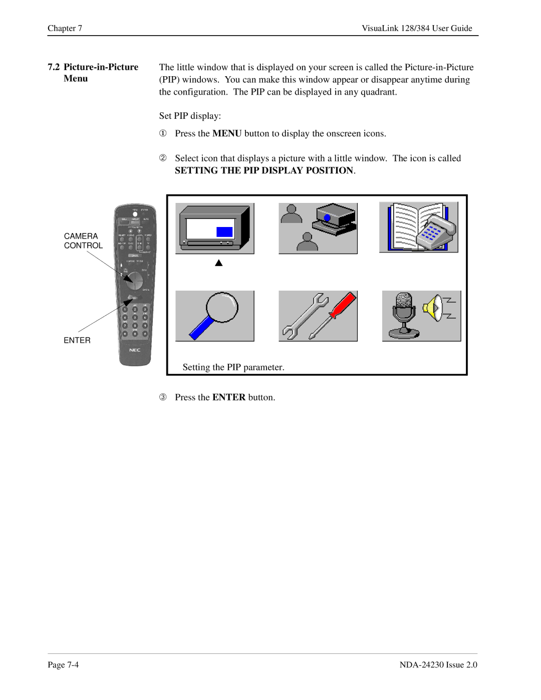 NEC 128/384 manual Picture-in-Picture Menu, Setting the PIP Display Position 