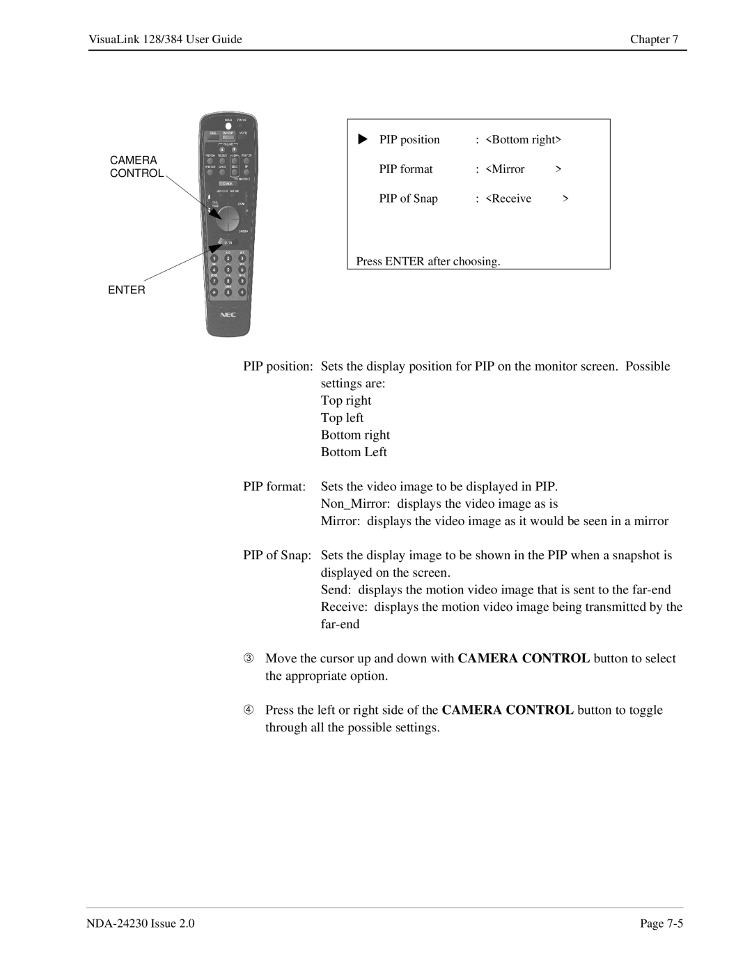 NEC 128/384 manual Camera Control Enter 