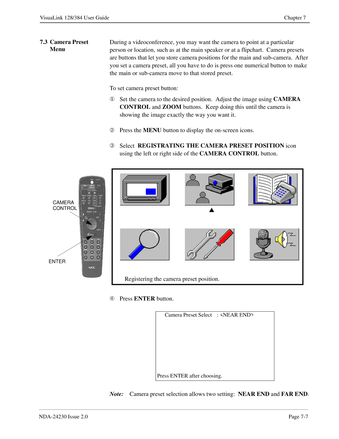 NEC 128/384 manual Camera Preset Menu, Registering the camera preset position ➃ Press Enter button 