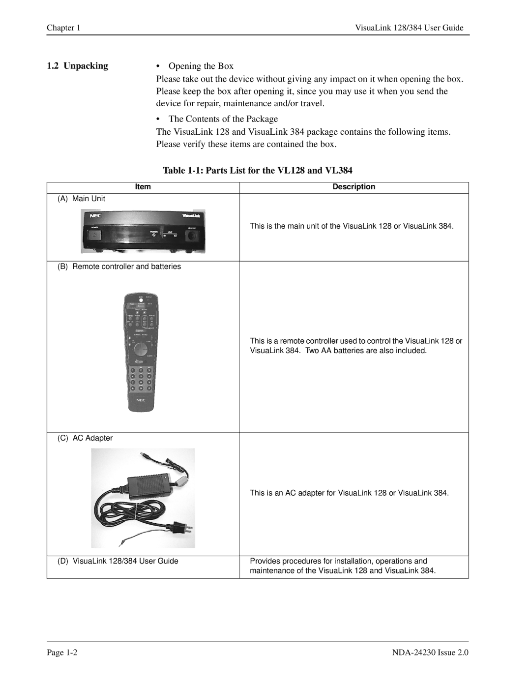 NEC 128/384 manual Unpacking, Parts List for the VL128 and VL384 