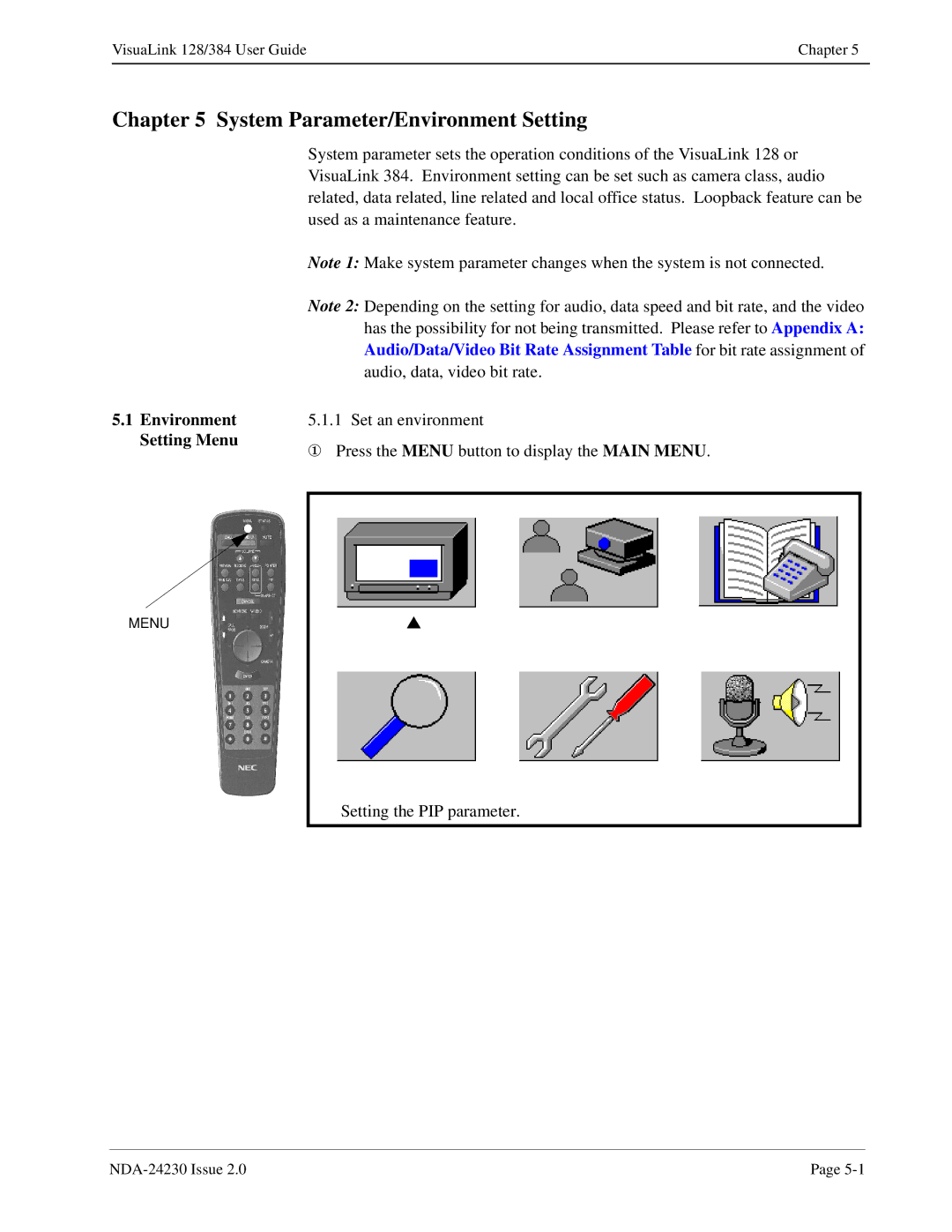 NEC 128/384 manual System Parameter/Environment Setting, Environment Setting Menu 