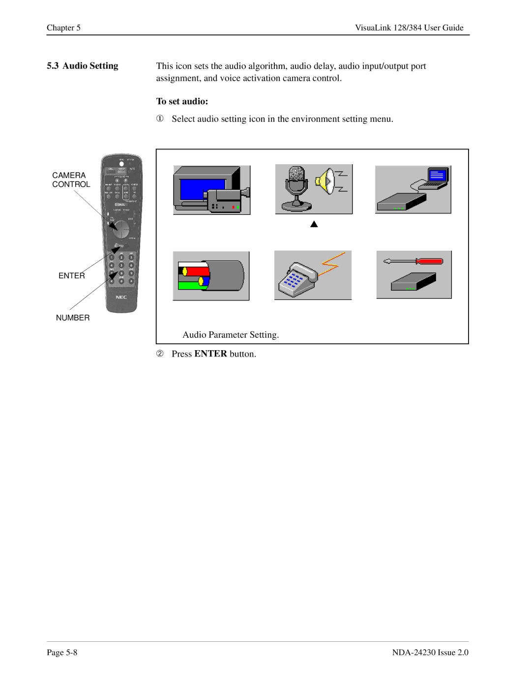 NEC 128/384 manual Audio Setting, To set audio 