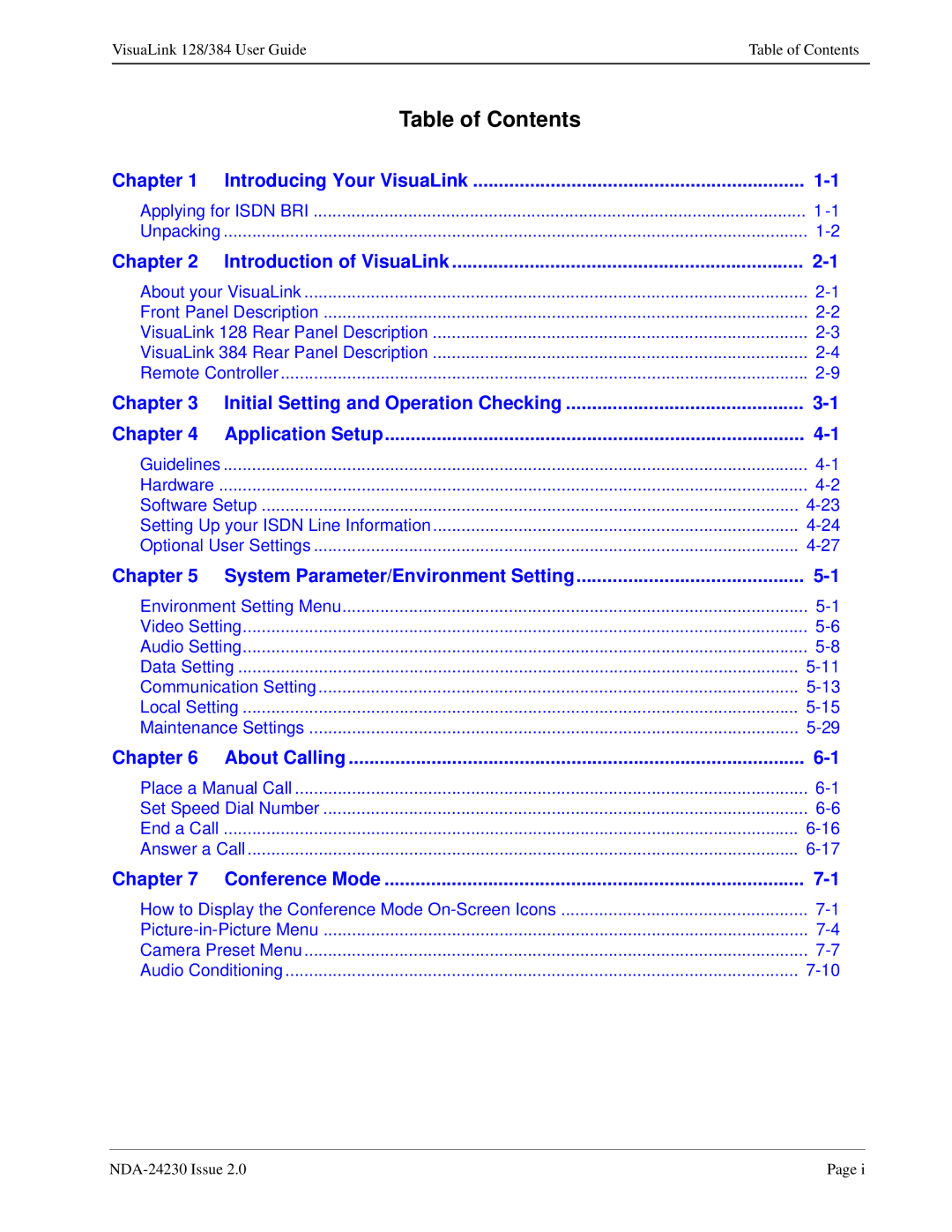 NEC 128/384 manual Table of Contents 