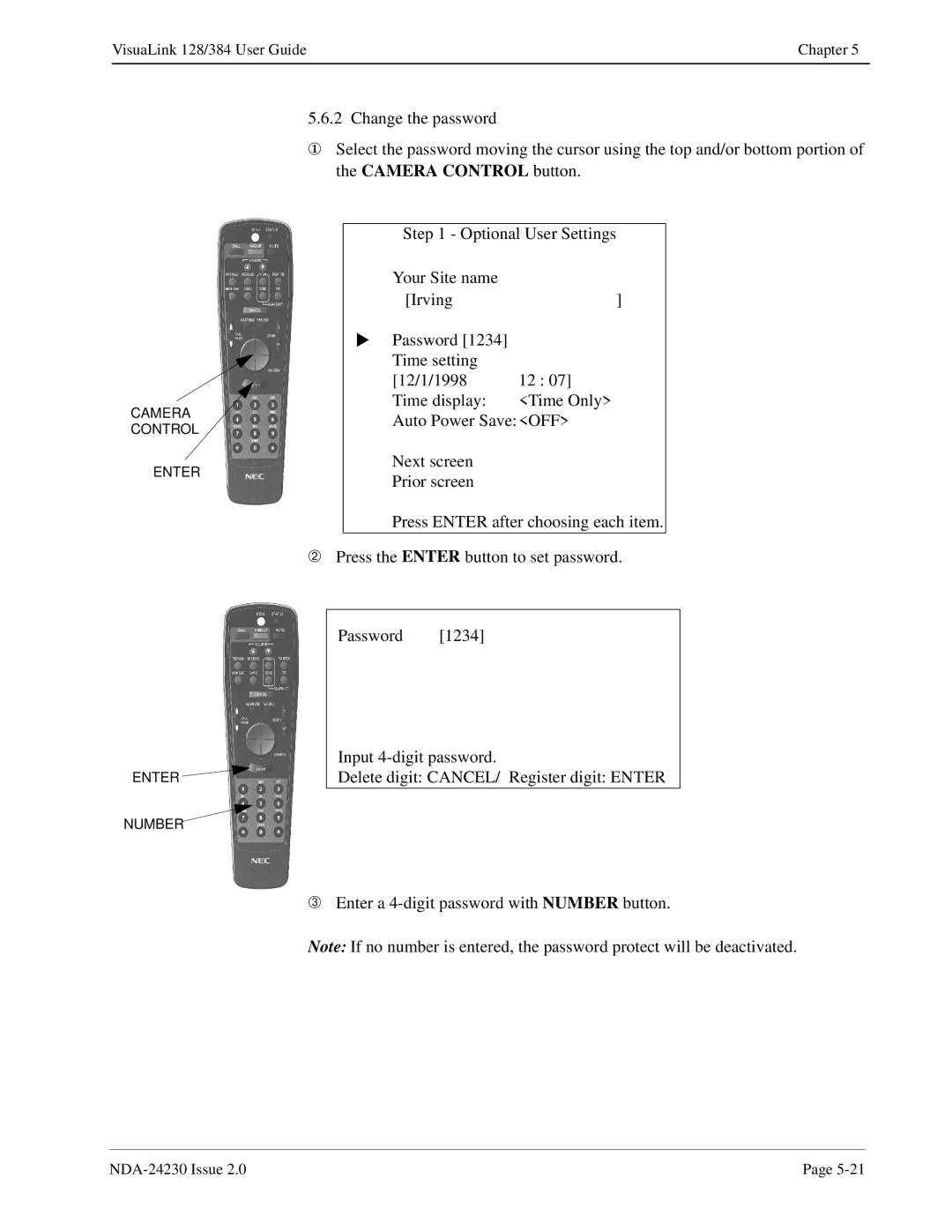 NEC 128/384 manual Camera Control Enter Number 