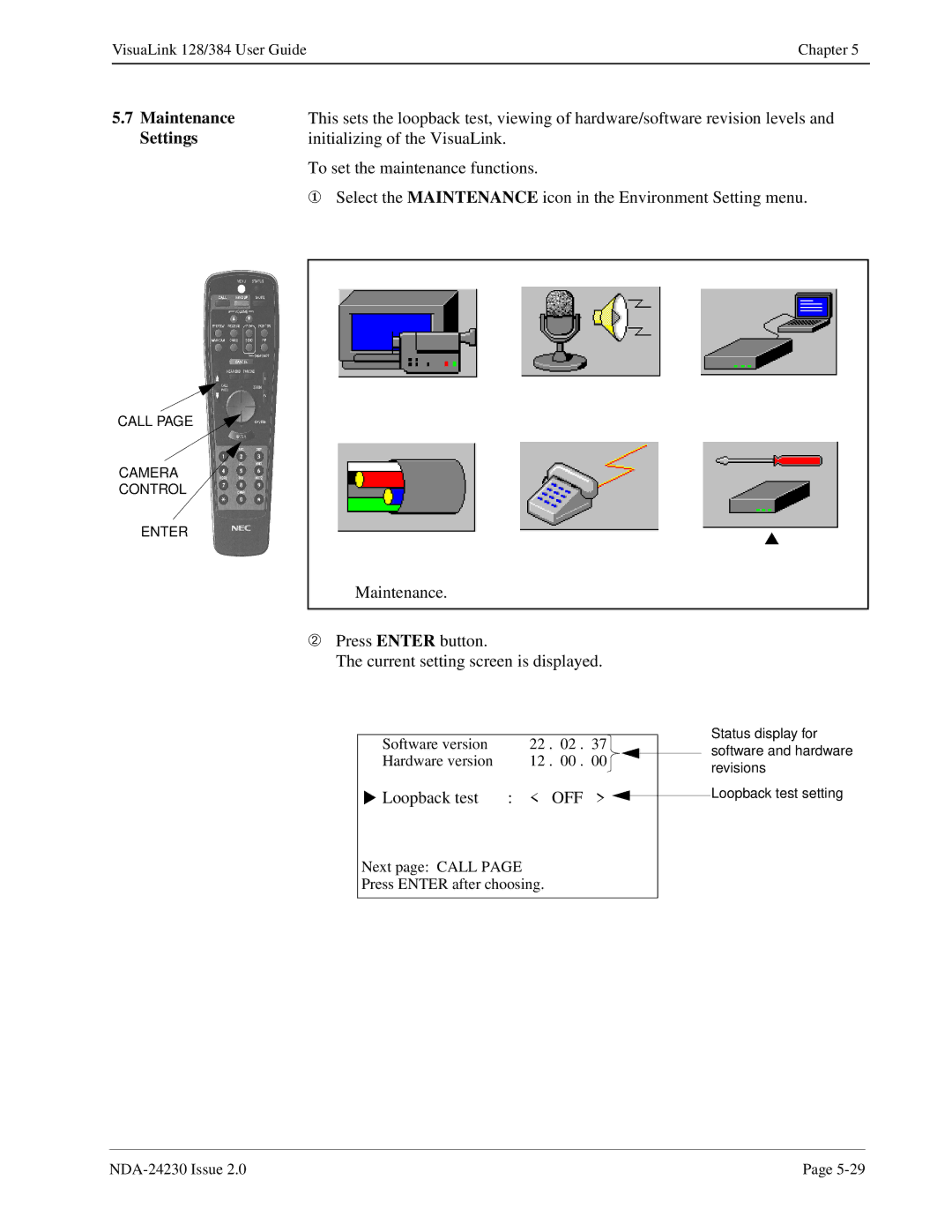 NEC 128/384 manual Maintenance, Loopback test OFF 