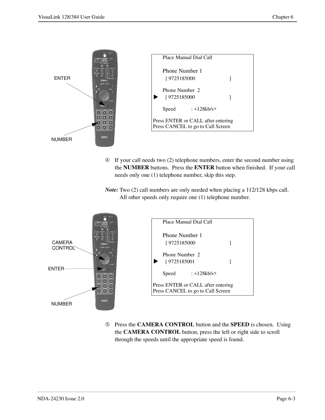 NEC 128/384 manual Enter Number Camera Control 