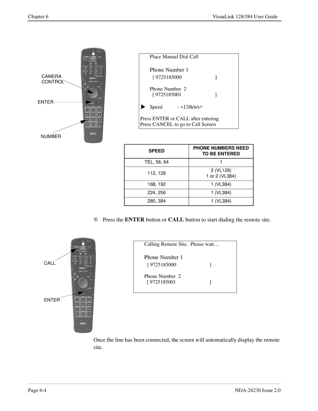 NEC 128/384 manual Calling Remote Site. Please wait… 