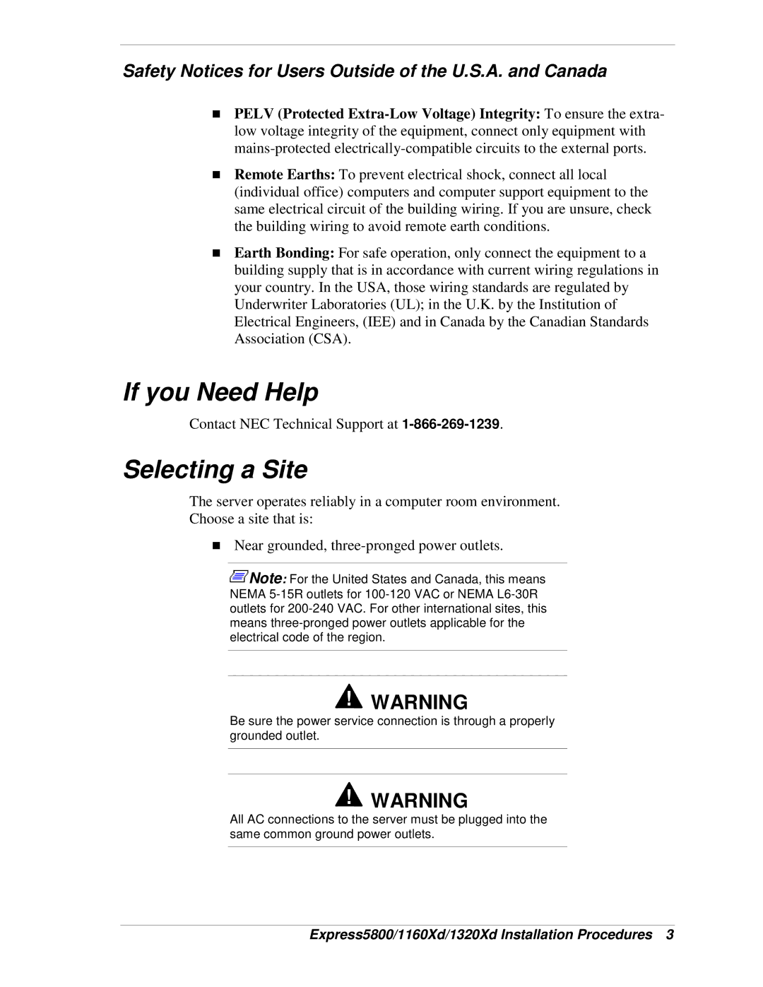 NEC 1160Xd, 1320Xd manual If you Need Help, Selecting a Site, Safety Notices for Users Outside of the U.S.A. and Canada 